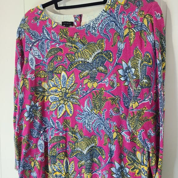 Talbots Sweater Women's Size XL Crew Neck 3/4 Sleeve Pink Blue Floral Cotton - Picture 3 of 8